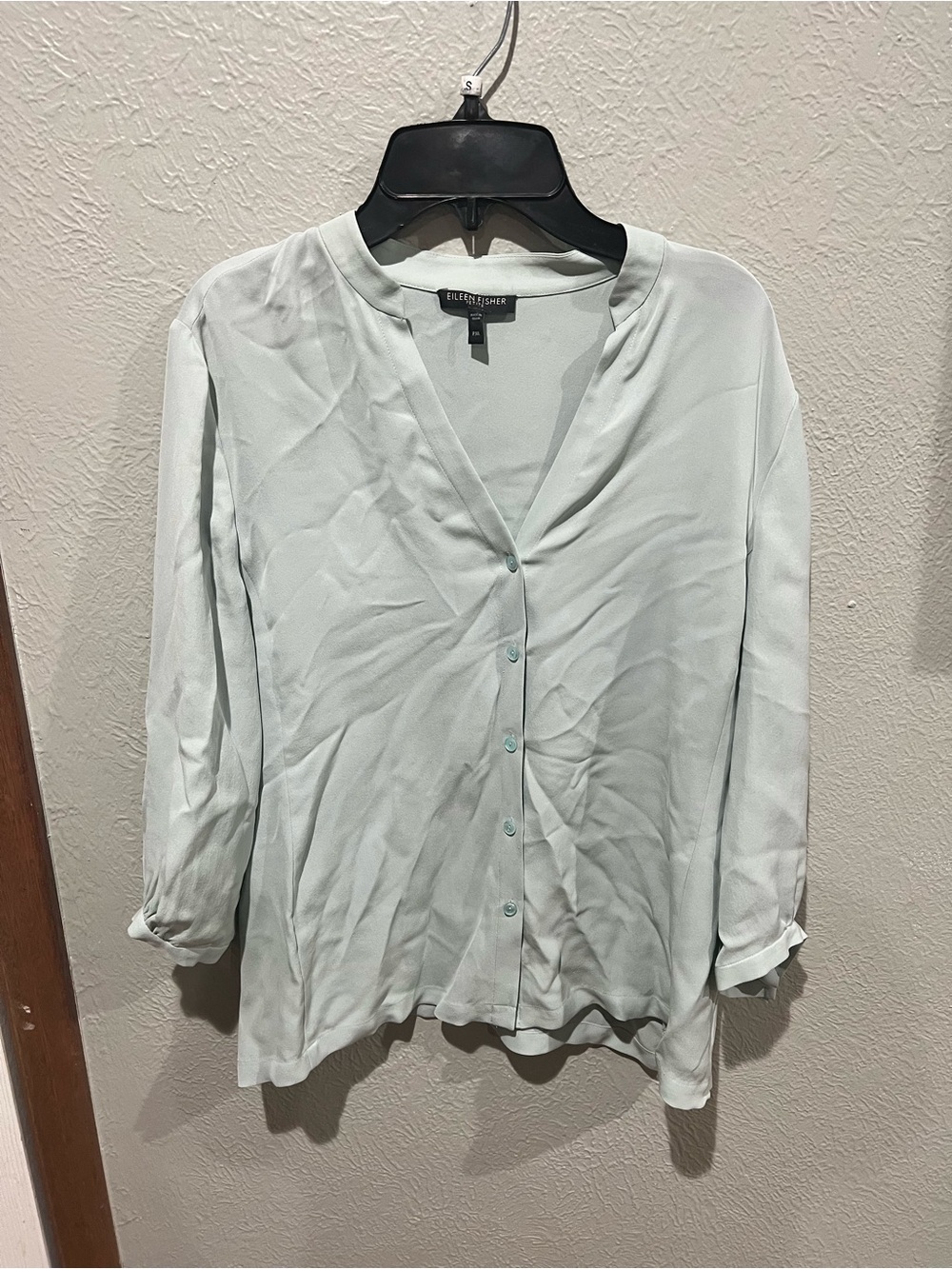 Eileen Fisher Light Mint Button-Front Blouse Size MP 100% Silk EUC